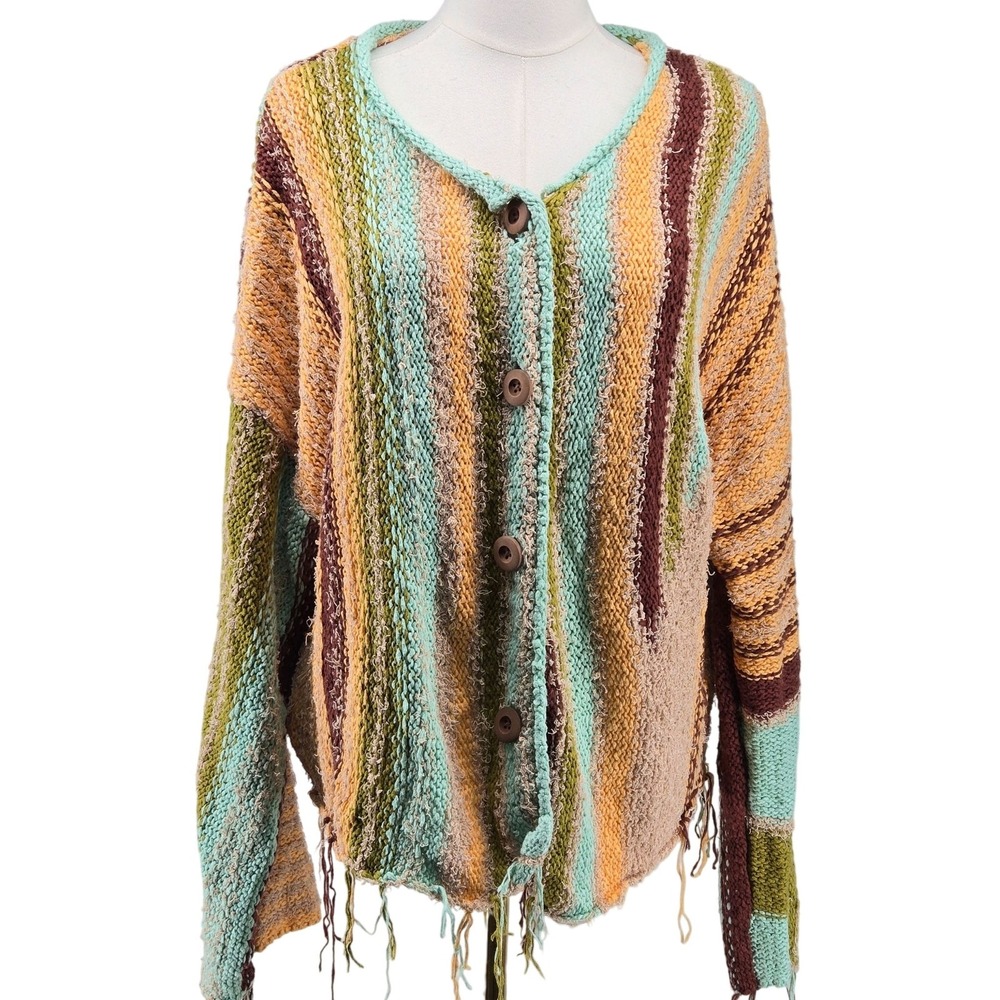 Free People Sweater Cardigan Womens L Multicolor Cotton Acrylic Nylon Open